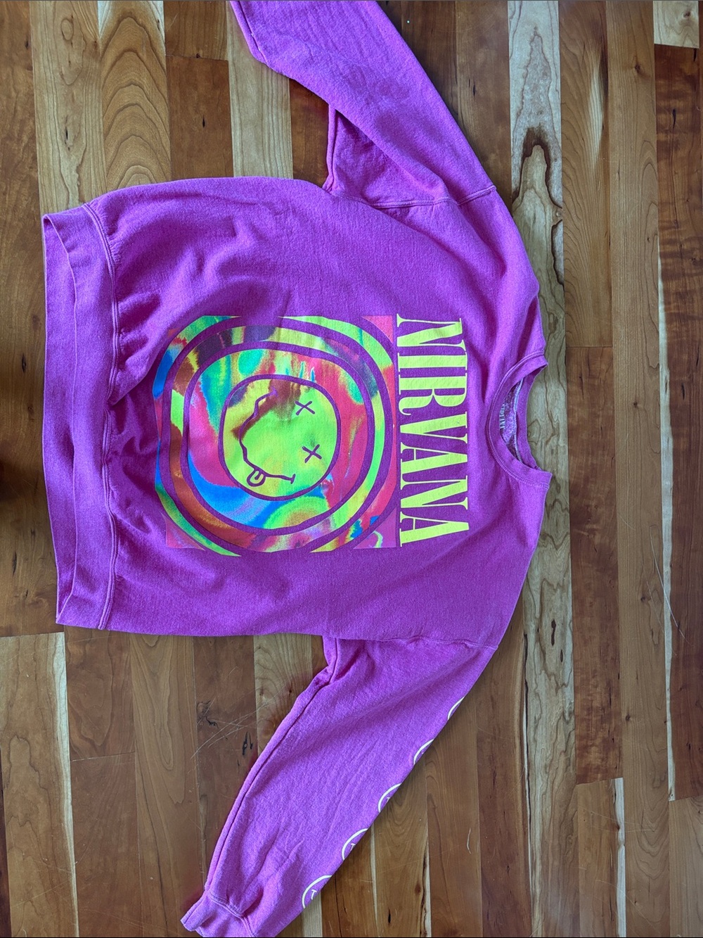 NIRVANA Bright Purple Tie-Dye Smiley Crewneck Sweatshirt